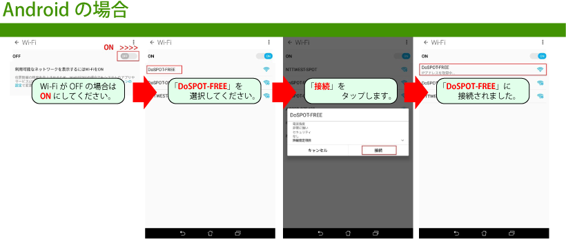 アンドロイドの接続方法です。タブレットやスマホなどの設定画面からワイファイ接続設定をひらきます。ワイファイがオフの場合はオンにします。表示されるエスエスアイディーからドゥースポットフリーを選択します。接続をタップすると接続されます。次にブラウザをひらきます。