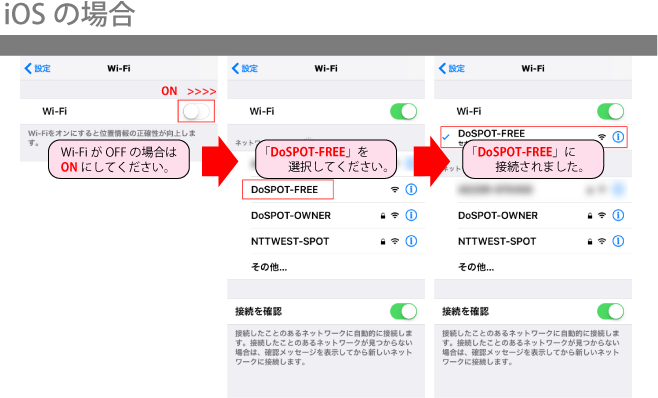 アイオーエスでの接続方法です。アンドロイドの接続方法です。アイフォーンやアイパッドの設定画面からワイファイ接続設定をひらきます。ワイファイがオフの場合はオンにします。表示されるエスエスアイディーからドゥースポットフリーを選択します。次にブラウザをひらきます。