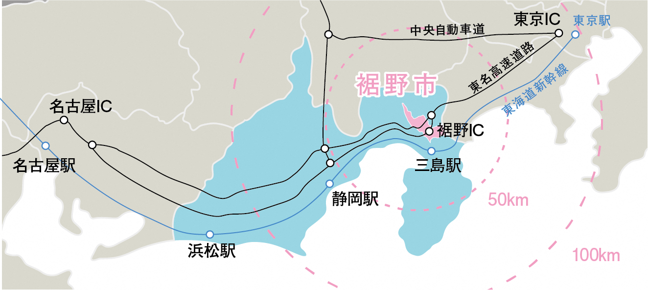 広域地図（100キロメートル圏内を示す画像）